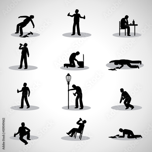 Drunk Man Icons Set - Isolated On Gray Background - Vector Illustration, Graphic Design. Drunkenness Concept