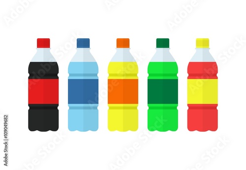 Soda, water and juice or tea bottles. Set of bottles icons. Nature drinks in flat style isolated on white background. Soda vector illustration