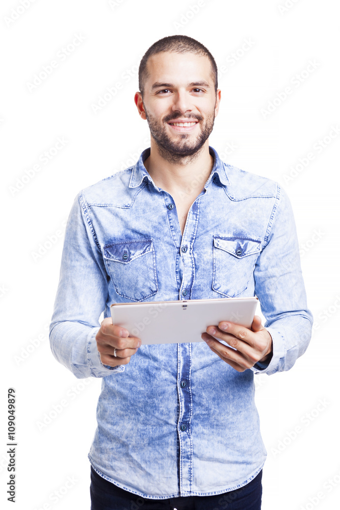 Casual man holding his digital tablet, isolated on white backgro Casual man holding his digital tablet, isolated on white backgro