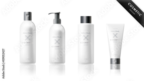 Realistic bottle mock up set. Isolated pack on white background. Cosmetic brand template. Vector packaging. Oil, lotion, shampoo.