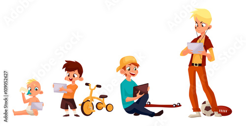 Children boy of different ages played in tablet and did not play in street, vector cartoon concept of todays children, the children sit and chat on the Internet, four boy looking at smartphone