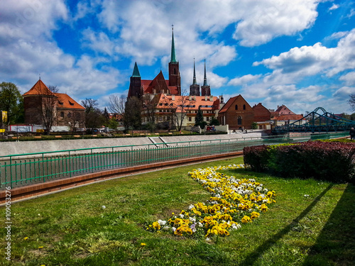 Cathedral building behid Odra River in Wroclaw