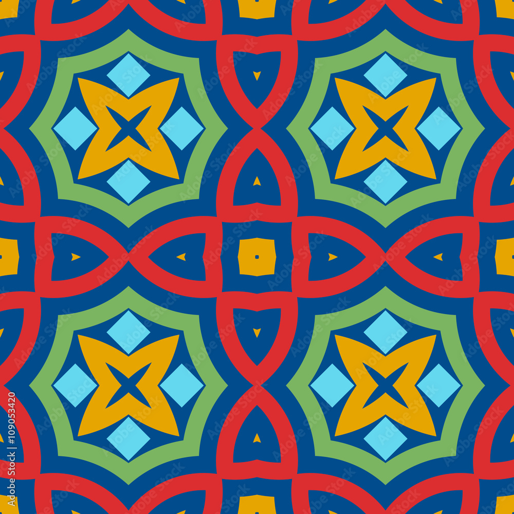 Bright ethnic abstract background. Seamless pattern with symmetric geometric ornament.