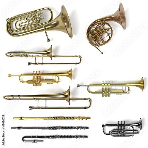 3d rendering of brass musical instruments