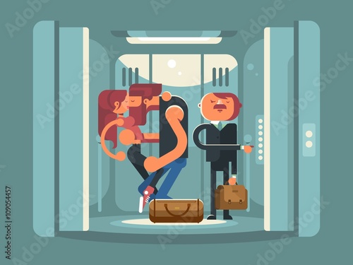 Couple kissing in the elevator