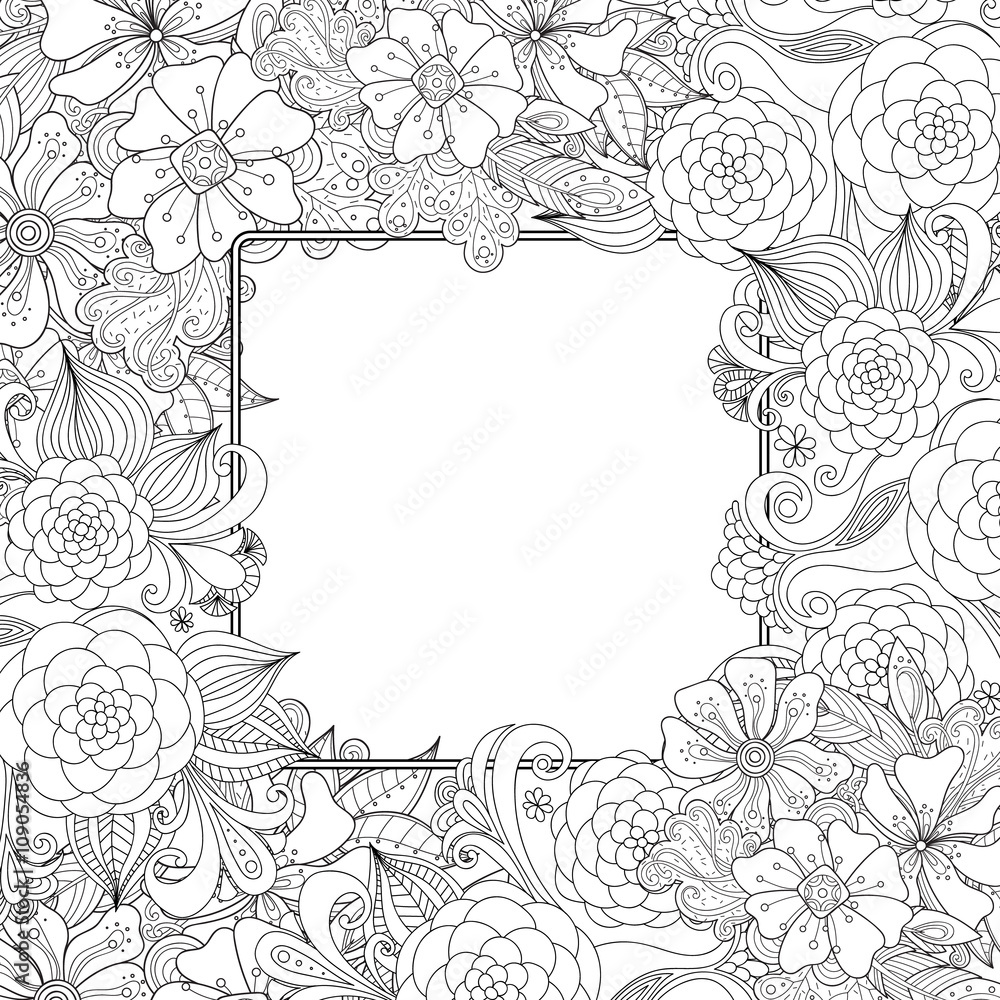 Fototapeta premium Flowers and leaves zentangle style invitation card. Wavy doodle frame design for card. Vector decorative element border. 