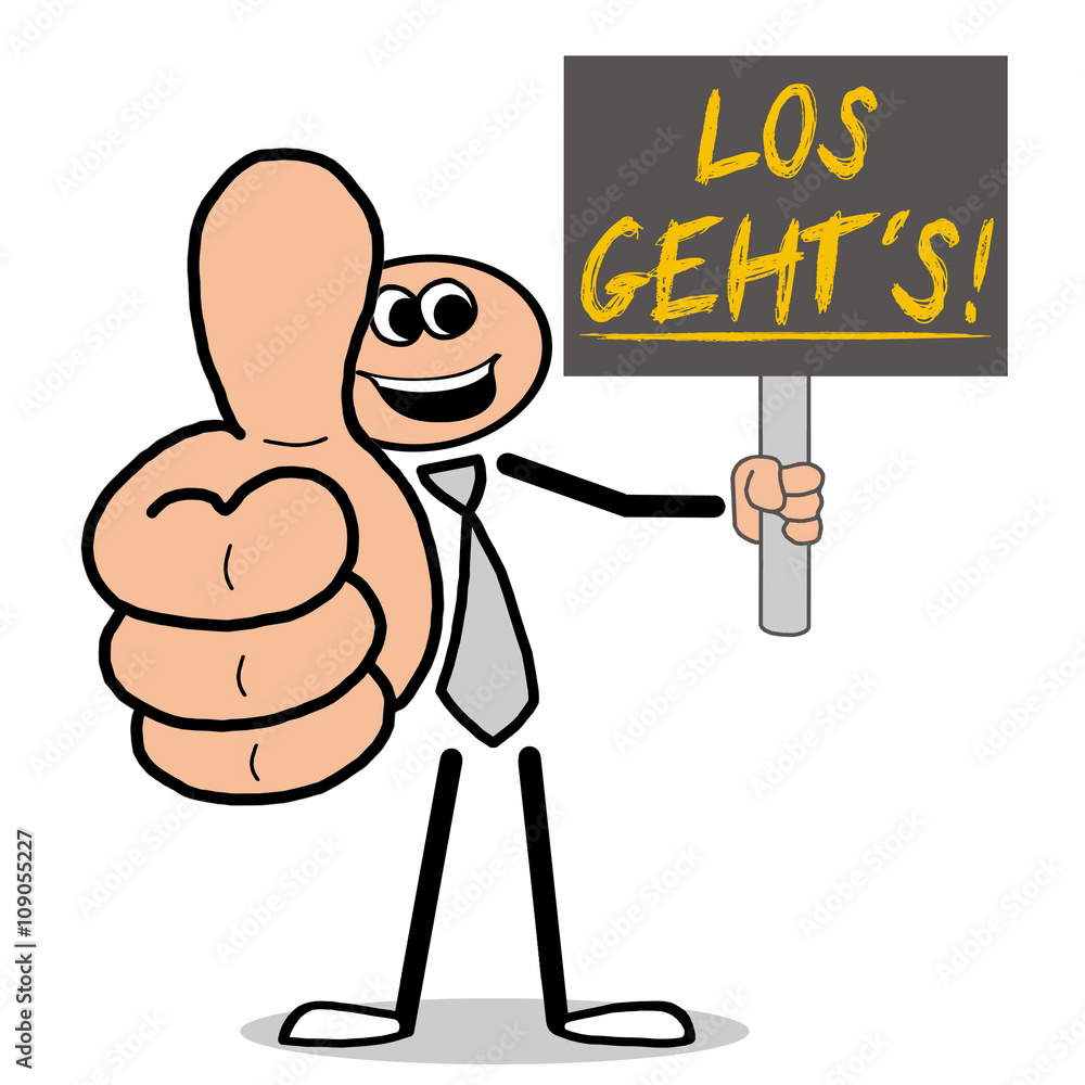 Los Geht´s! Mann mit Schild hält Daumen hoch Stock-Illustration | Adobe