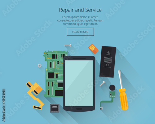 Mobile repair and service concept. Smarthone with tools and spare parts.Top view. Flat design concepts for web banners, web sites, printed materials, infographics. Creative vector illustration