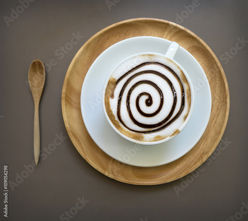 Cup of mocha coffee on wood table
