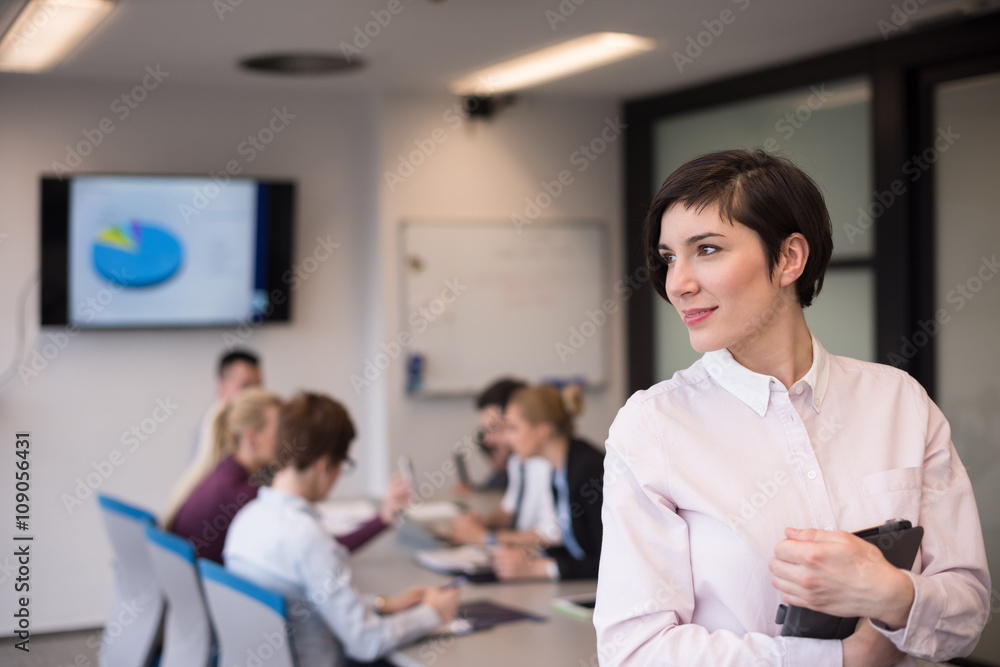 hispanic businesswoman with tablet at meeting room hispanic businesswoman with tablet at meeting room