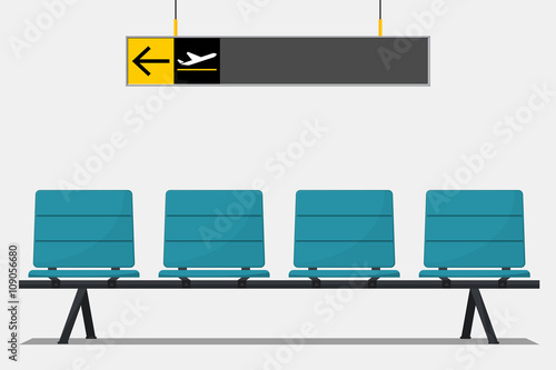 Blue airport seat in waiting area and wayfinding signage. Flat design. Vector Illustration.