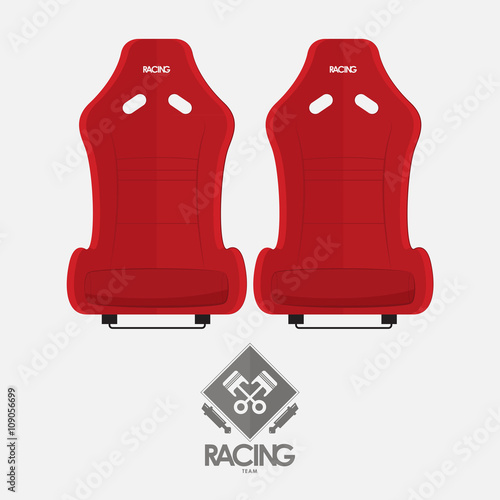 Red racing bucket seats in flat design. Garage logo. Vector Illustration.