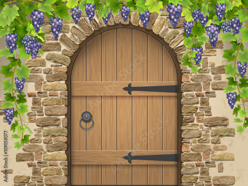 Entrance to the wine cellar decorated with bunches of grapes. Arch of stone wooden door and vine grapes. Vector Illustration about winemaking and viticulture, grape growing.