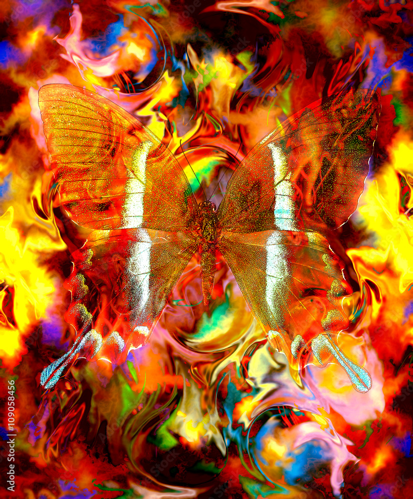  illustration of a butterfly, mixed medium, abstract color background and color fire effect, red, orange, yellow color.