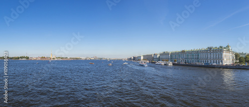 Famous landmark of Saint Petersburg (Russia) - Winter Palace which houses Hermitage museum from Neva river arial panoramic view.