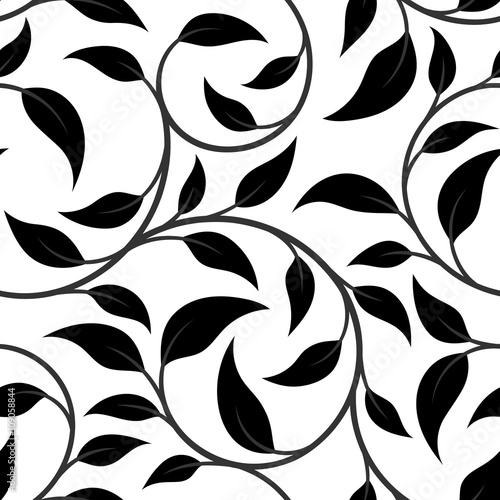 vector illustration, seamless pattern, decorative dark-grey curly tree branches with black leaves on white background