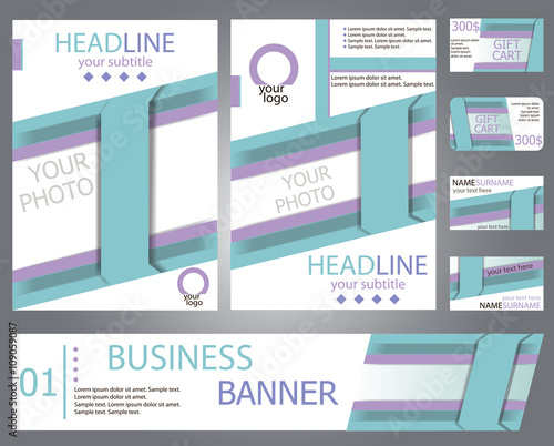 Templates brochure design, banner with place for your photo, gift cards, business cards. Set cards. Vector illustration. 