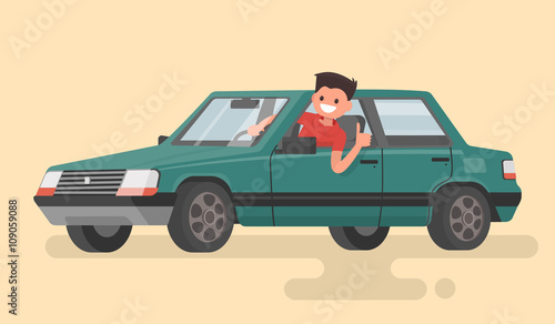 Cheerful driver behind the wheel of a car. Vector illustration