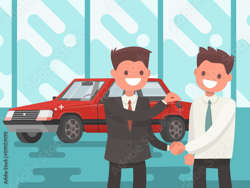 Buying a car. Handing of car keys. Vector illustration