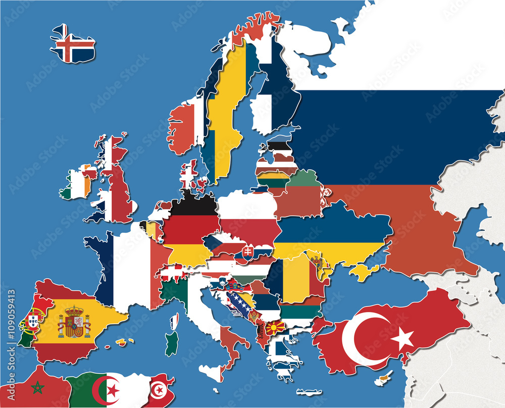 Mappa Europa con colore bandiere Stock Illustration