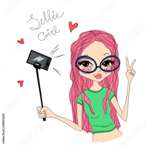 Vector Cute Fashion Model Girl Selfie Illustration with a Cute Young Girl Taking a Selfie on Her Phone for Fashion Magazines, Book Illustration, T-shirt Prints, Vector Web Design, Fashion School Girl