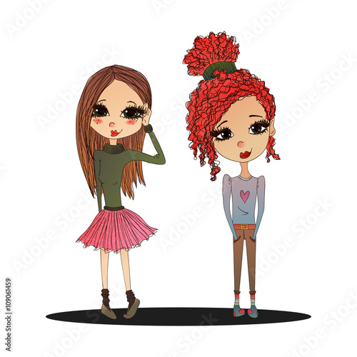 Cute Colorful Vector Fashion Kids Illustration with Cute Fashion Kids Wearing Stylish Clothes, Pretty School Girls for Fashion Magazines, Books Illustration or Web Design, Fashion Vector Teen Kids
