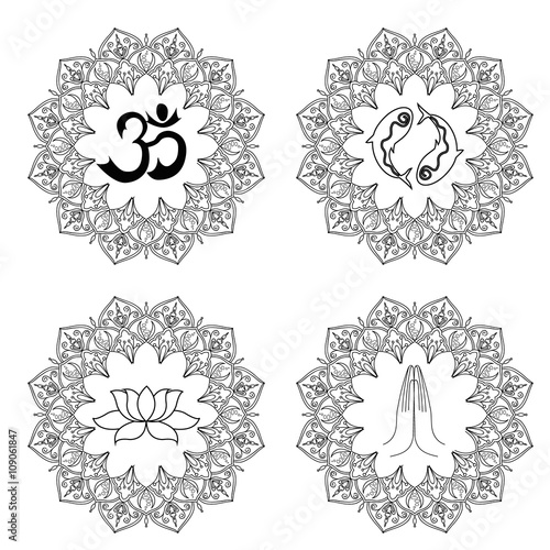 A set of religion symbols - Buddhism. Black silhouettes isolated on white background
