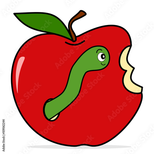 worm in apple cute funny cartoon vector illustration isolated on white background