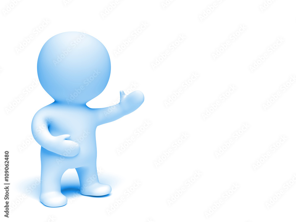 cute 3d character in shades of blue presenting an empty space in a white scene (3D illustration isolated on a white background) cute 3d character in shades of blue presenting an empty space in a white scene (3D illustration isolated on a white background)