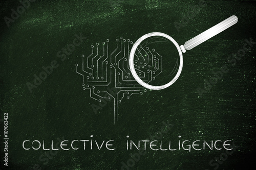 electronic brain with magnifying glass, collective intelligence photo