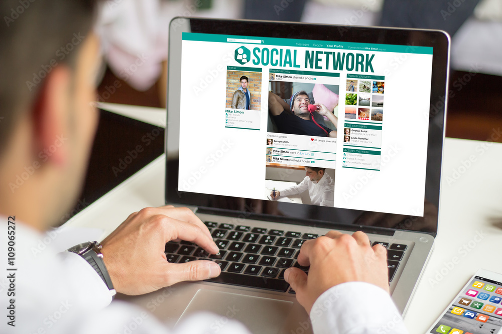 businessman working with computer. social network on screen. businessman working with computer. social network on screen.