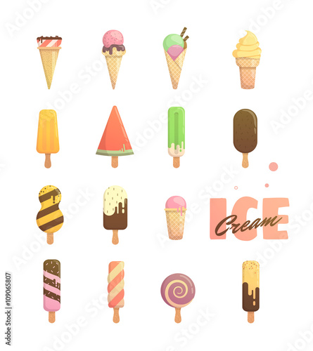 Set of ice cream. Bright icons for ice cream, simple design for the web. Cheerful character for summer flyers and posters in a candy store. Cover for phone, notebook, notepad.