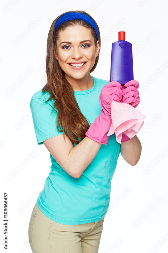 Cleaning fluid. Smiling woman hold blue bottle Cleaning fluid. Smiling woman hold blue bottle