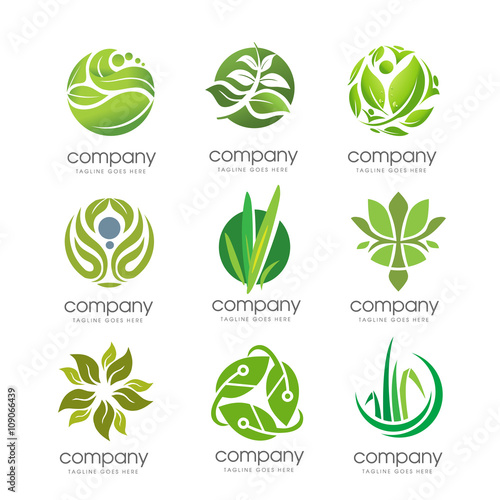 elegant ecology green natural leaf logo set 