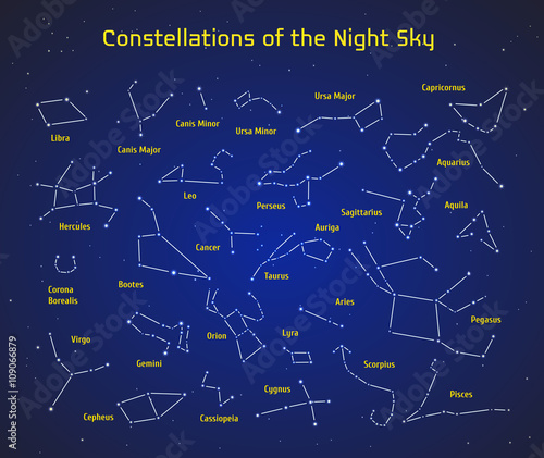 Big set of vector 28 constellations. Collection of zodiac constellations of the night sky. 