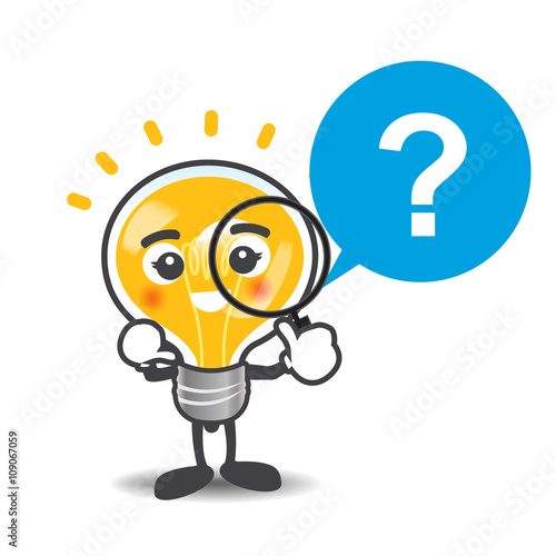Bulb lamp cartoon with magnifier searching isolated on the white