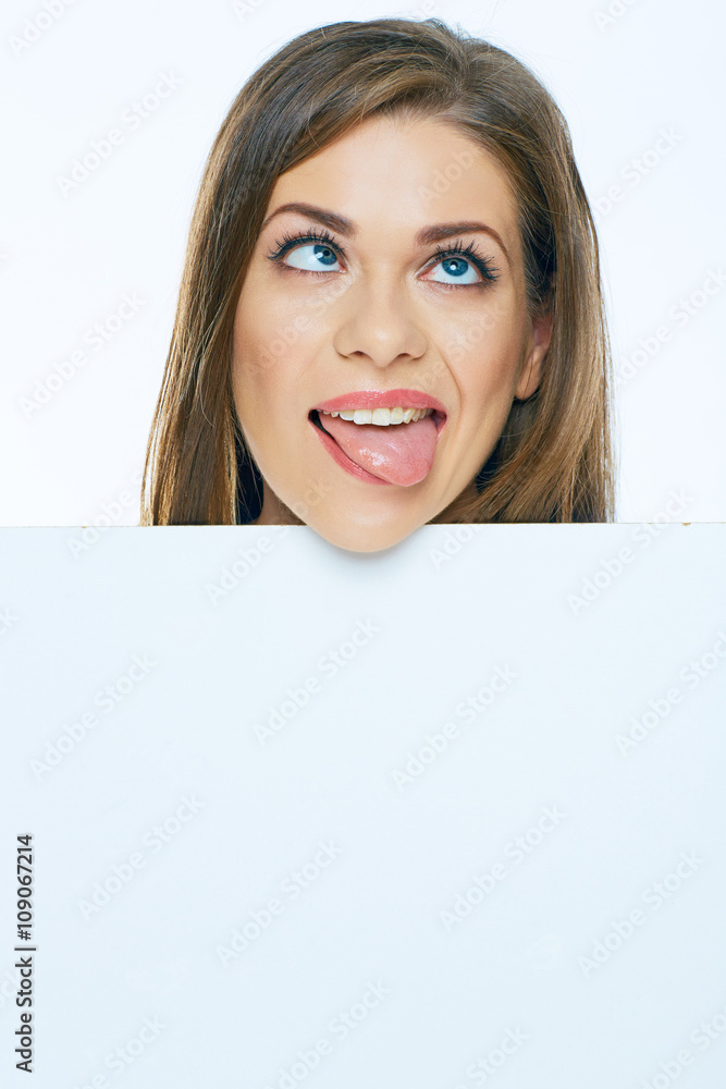 Woman face with board. Close up emotional funny portrait. Woman face with board. Close up emotional funny portrait.