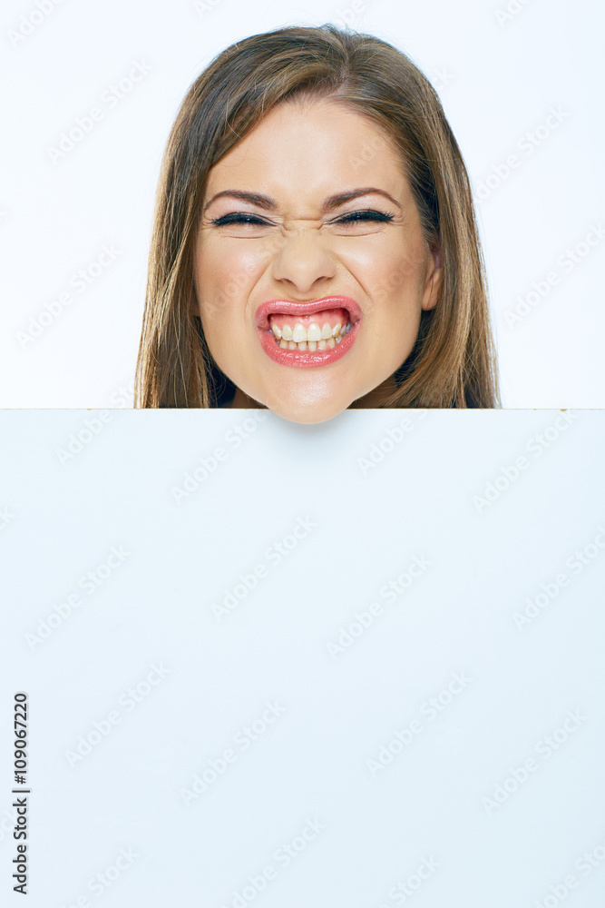 Woman face with board. Close up emotional portrait. Woman face with board. Close up emotional portrait.