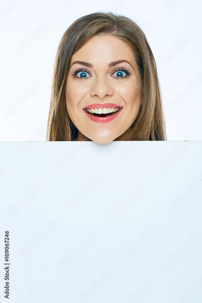 Woman face with board. Close up emotional portrait. Woman face with board. Close up emotional portrait.