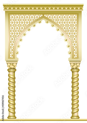 Golden arch with twisted columns in Arabic or other Eastern style