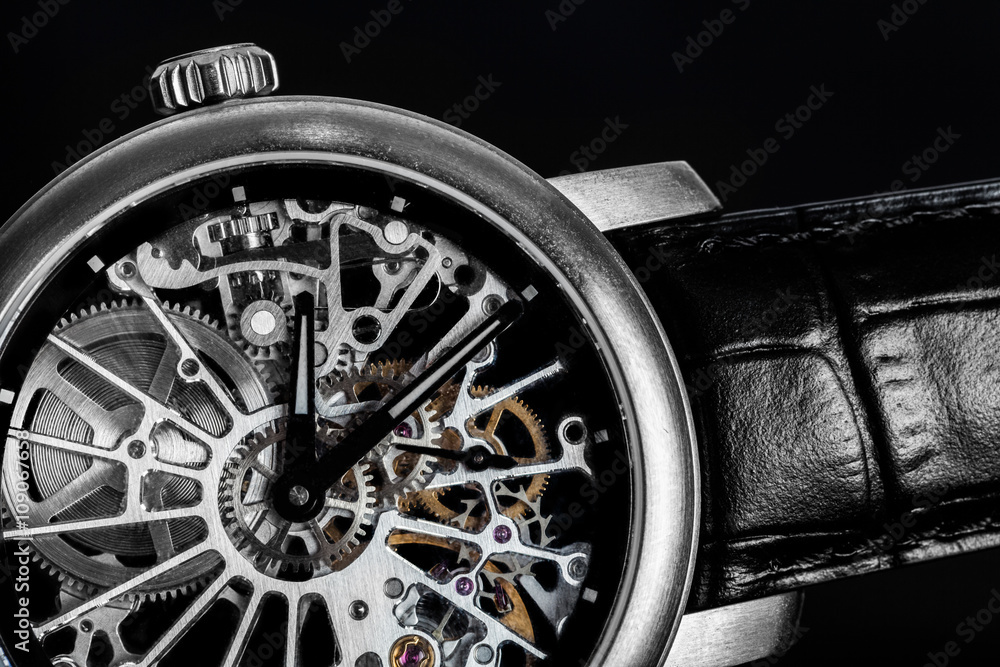Elegant watch with visible mechanism, clockwork. Time, fashion, luxury concept. - obrazy, fototapety, plakaty 