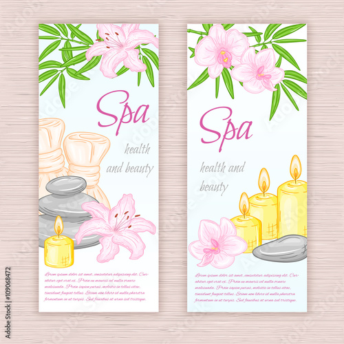 vector set of banners with hand drawn spa and massage accessories - stones, flowers, candles, herbal balls. Can be used as invitation flyer or advertising brochure design