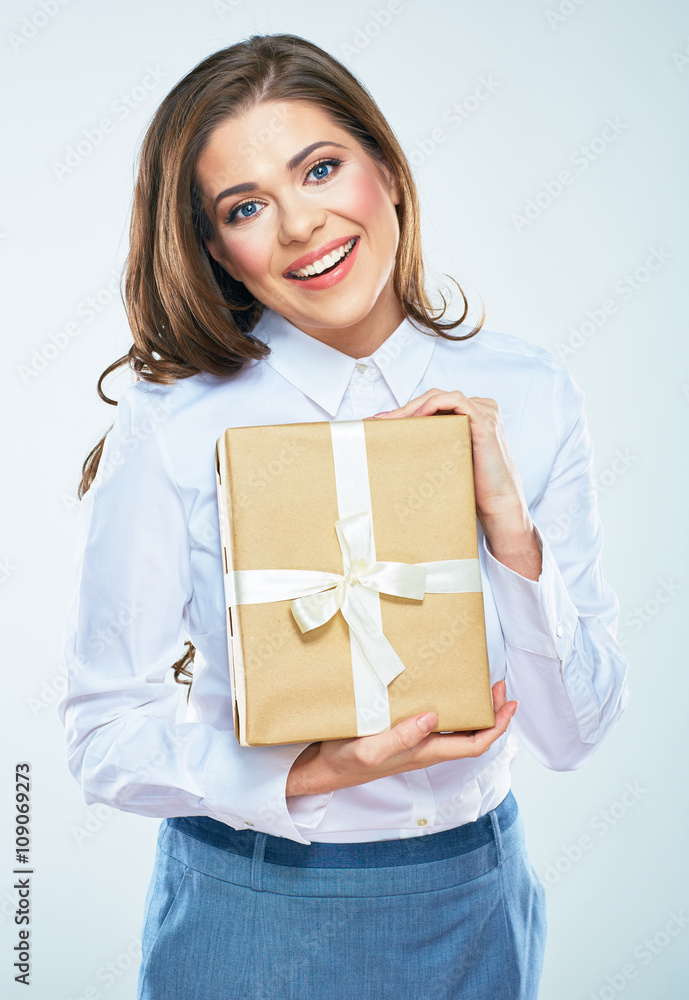 Pretty young woman hold paper gift box. White background isolat Pretty young woman hold paper gift box. White background isolat