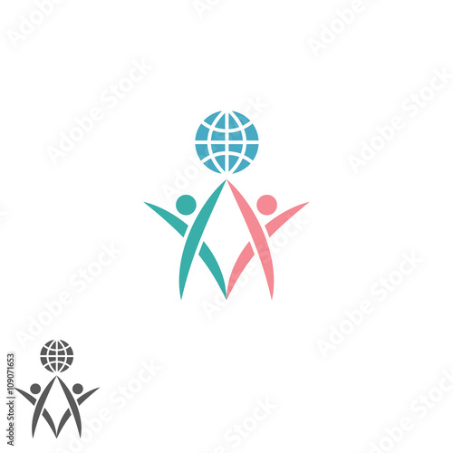 Partnership logo, atlas silhouette two men together hold globe,  success teamwork emblem, global social community icon