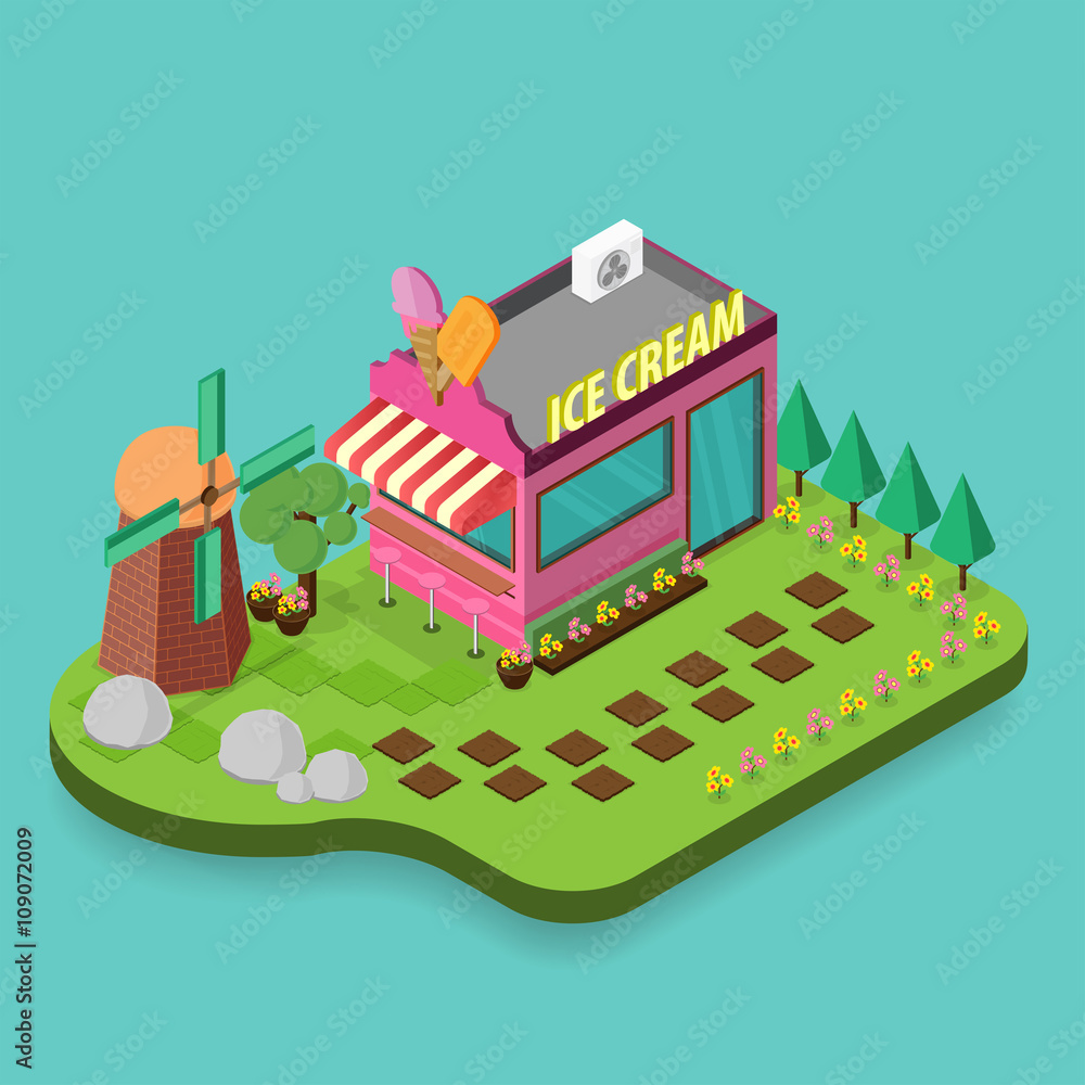 Ice cream shop icon.Isometric icon building Ice cream shop