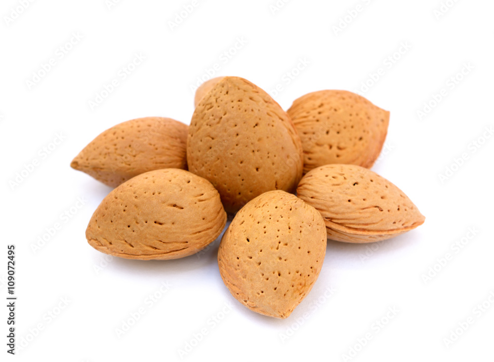 Heap of fresh almonds in shells isolated on white background Heap of fresh almonds in shells isolated on white background