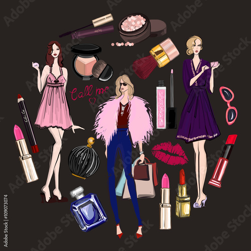 Hand drawn images Cosmetics and Perfume