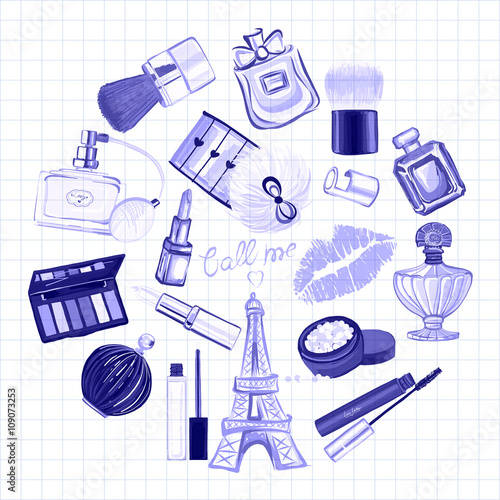 Hand drawn images Cosmetics and Perfume