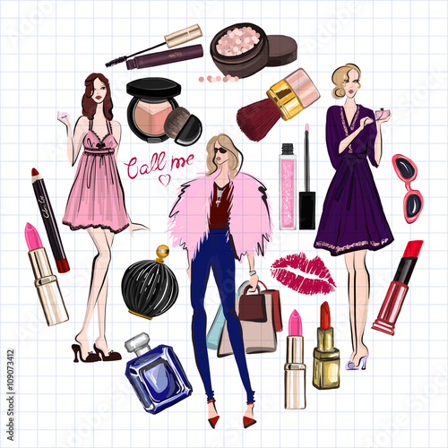 Hand drawn images Cosmetics and Perfume