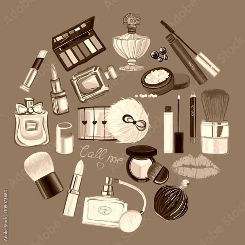 Hand drawn images Cosmetics and Perfume